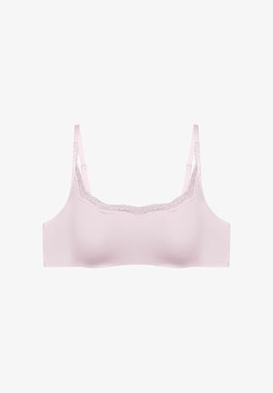 Jasnoróżowy biustonosz wykonany z gładkiego materiału z koronkowym wykończeniem na dekolcie. Posiada regulowane ramiączka i bezszwowy design.