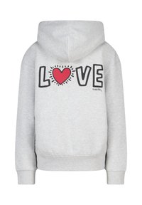 Grijze sweatshirt met een capuchon en een grote "LOVE" graphic in zwarte letters en een rode hart. Geribde manchetten en onderrand.