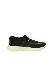 Scarpa sportiva nera con tomaia in tessuto testurizzato e lacci elasticizzati. Presenta una soletta bianca e un accento di design sul tallone.
