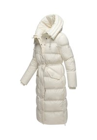 Lange, puffy witte parka met een hoge kraag, afneembare capuchon, trekkoord in de taille en voorzakken. Kenmerkt zich door een getailleerde structuur en knopen.