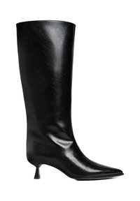 Botte noire en cuir, montant jusqu'au genou, avec un bout pointu et un petit talon carré, présentant une finition lisse et sans motifs ni accents visibles.