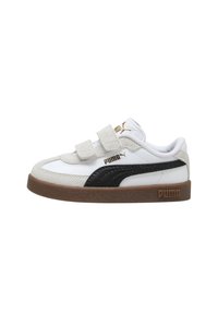Sneaker Puma bianco e beige con striscia nera, logo dorato, suola marrone e due fasce in velcro per la chiusura.