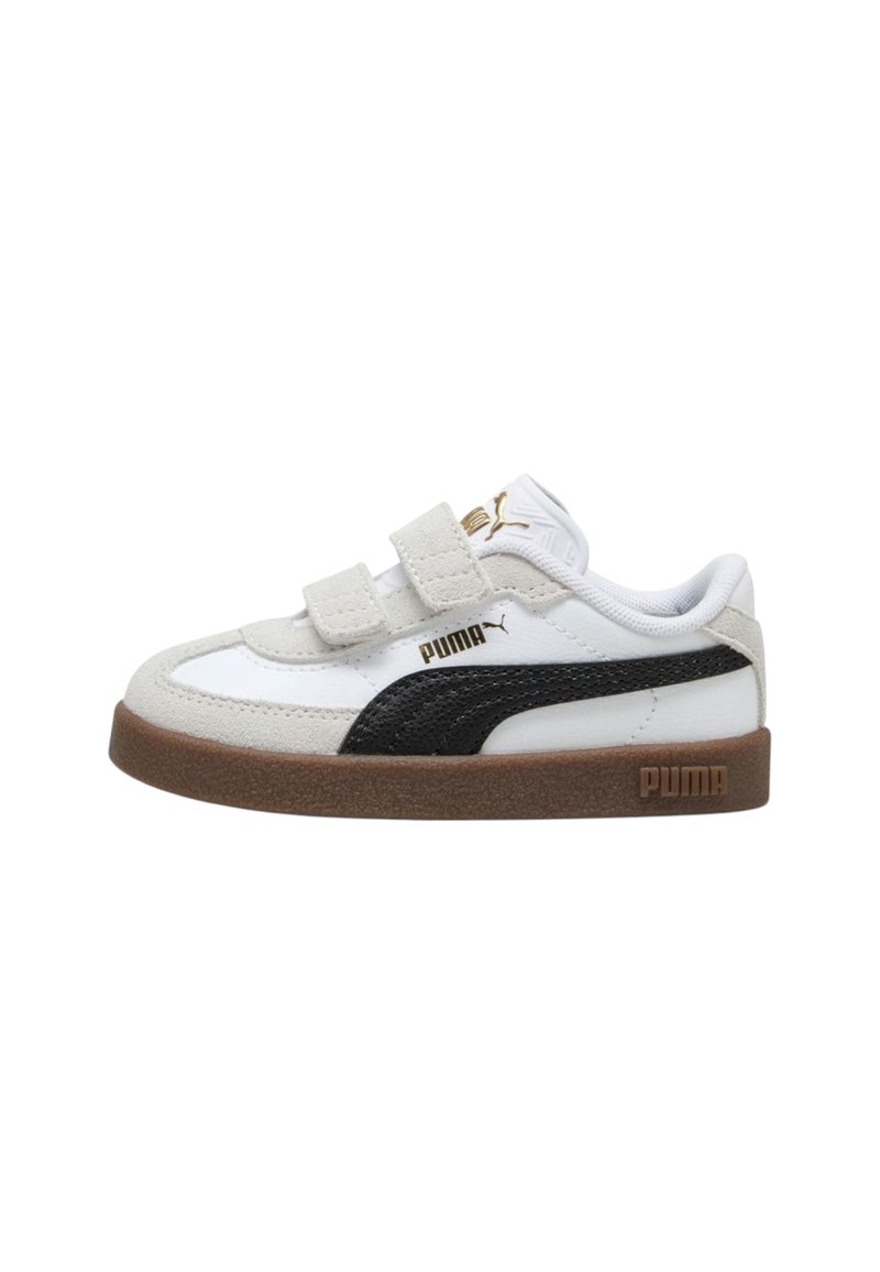 Sneaker Puma bianco e beige con striscia nera, logo dorato, suola marrone e due fasce in velcro per la chiusura.