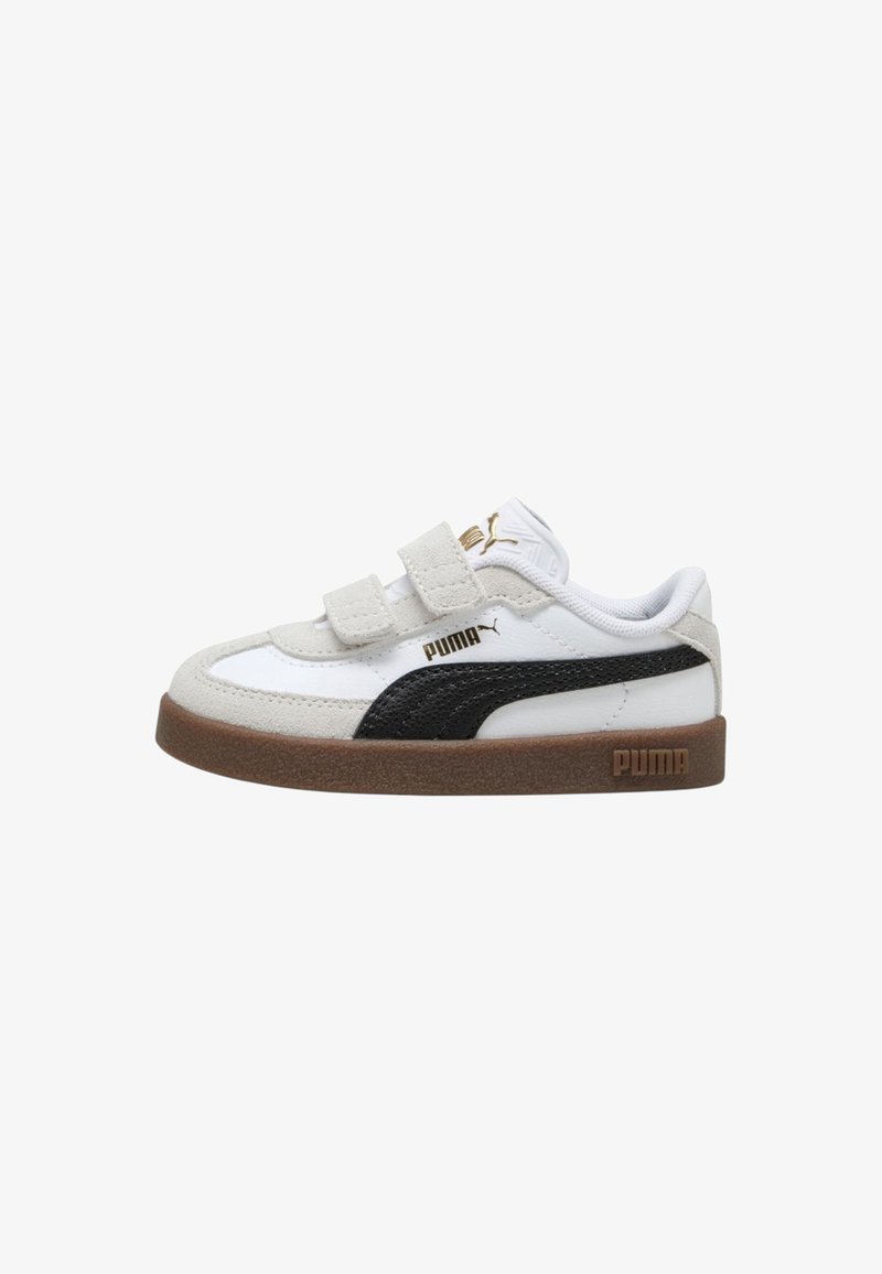 Sneaker Puma bianco e beige con striscia nera, logo dorato, suola marrone e due fasce in velcro per la chiusura.