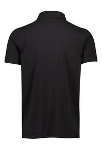 Polo nero con colletto standard, maniche corte, orlo dritto e una texture liscia in cotone. Nessun logo o motivo visibile.