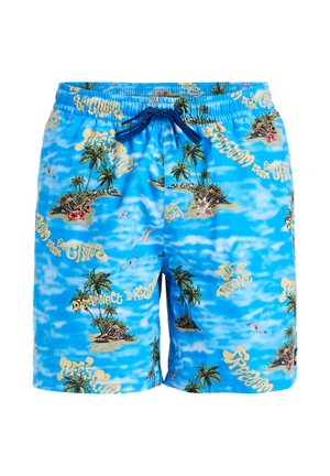 Siniset uimat shortsit, joissa on trooppinen saarten kuosi, jossa on palmuja, kukkia ja keltaista tekstiä. Valmistettu kevyestä, nopeasti kuivuvasta materiaalista.