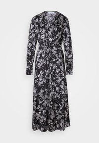 Robe midi noire à motif floral blanc, manches longues, col en V et détail noué à la taille.