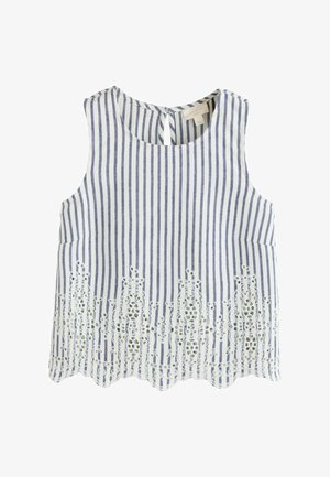 Ärmelloses weißes Top mit vertikalen marineblauen Streifen, rundem Ausschnitt, Schlitz am Rücken und bestickten Spitzenakzenten entlang des gewellten Saums.