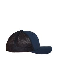 Sötétkék baseballsapka szilárd elülső résszel és fekete hálós hátsó résszel. Hajlított karimával és állítható pánttal rendelkezik hátul.