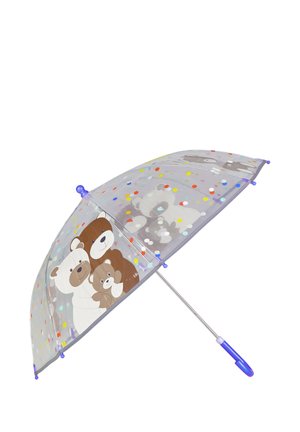 Clear children's umbrella with blue handle, decorated with colorful polka dots and cartoon bears hugging on transparent canopy.