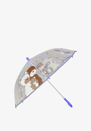 Clear children's umbrella with blue handle, decorated with colorful polka dots and cartoon bears hugging on transparent canopy.