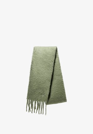 Sciarpa verde chiaro realizzata in tessuto morbido, con bordi frangiati e una superficie liscia. Forma rettangolare semplice con dettagli sottili.