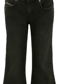 Jeans flares en denim noir avec une taille haute, dotés de poches avant et d'une étiquette logo discrète près de la ceinture. Texture lisse.