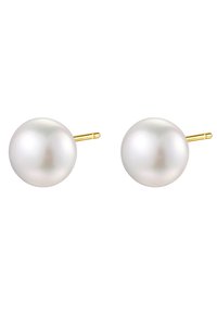 Orecchini a perla bianca con una forma sferica liscia, dotati di perni in oro per un fissaggio sicuro. Design semplice ed elegante.