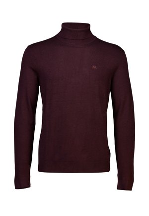 Pull à col roulé bordeaux, manches longues, texture tricotée, col et poignets côtelés, petit logo sur la poitrine.