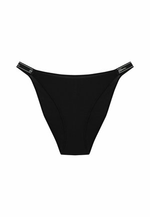 Czarny, prążkowany thong z wąskimi bocznymi paskami. Posiada markowy czarno-biały pas w talii. Miękka tekstura i dopasowany krój.