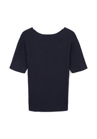 Top a coste navy con maniche corte e scollatura ampia. Il tessuto presenta un aspetto textured, garantendo una vestibilità strutturata.