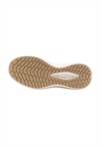 Suola di una scarpa con superficie in gomma testurizzata di colore marrone chiaro e bianco sporco, caratterizzata da un motivo a ondulato per una migliore aderenza.