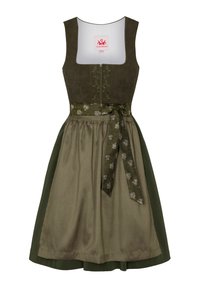 Vêtement traditionnel avec un corsage ajusté brun, des accents floraux verts, et une jupe fluide de longueur genou dans des teintes de vert clair et de vert foncé.