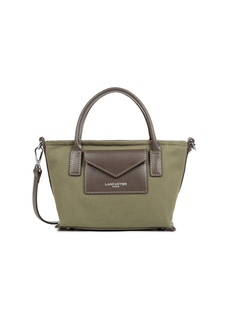 Borsa a tracolla in tela verde con dettagli in pelle marrone; dotata di manico corto e tracolla rimovibile. Presenta una tasca frontale e un dettaglio di branding.