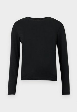 Black long-sleeve crew neck shirt with fitted sleeves shown on a plain light gray background.