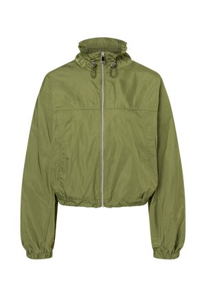 Leichte olivgrüne Jacke mit durchgehendem Frontreißverschluss, elastischen Bündchen, Kordelzug am Kragen und elastischem Saum für eine enganliegende Passform.