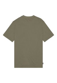 T-shirt in cotone verde oliva con maniche corte, scollo rotondo e una texture morbida. Presenta una parte posteriore semplice senza elementi di design aggiuntivi.