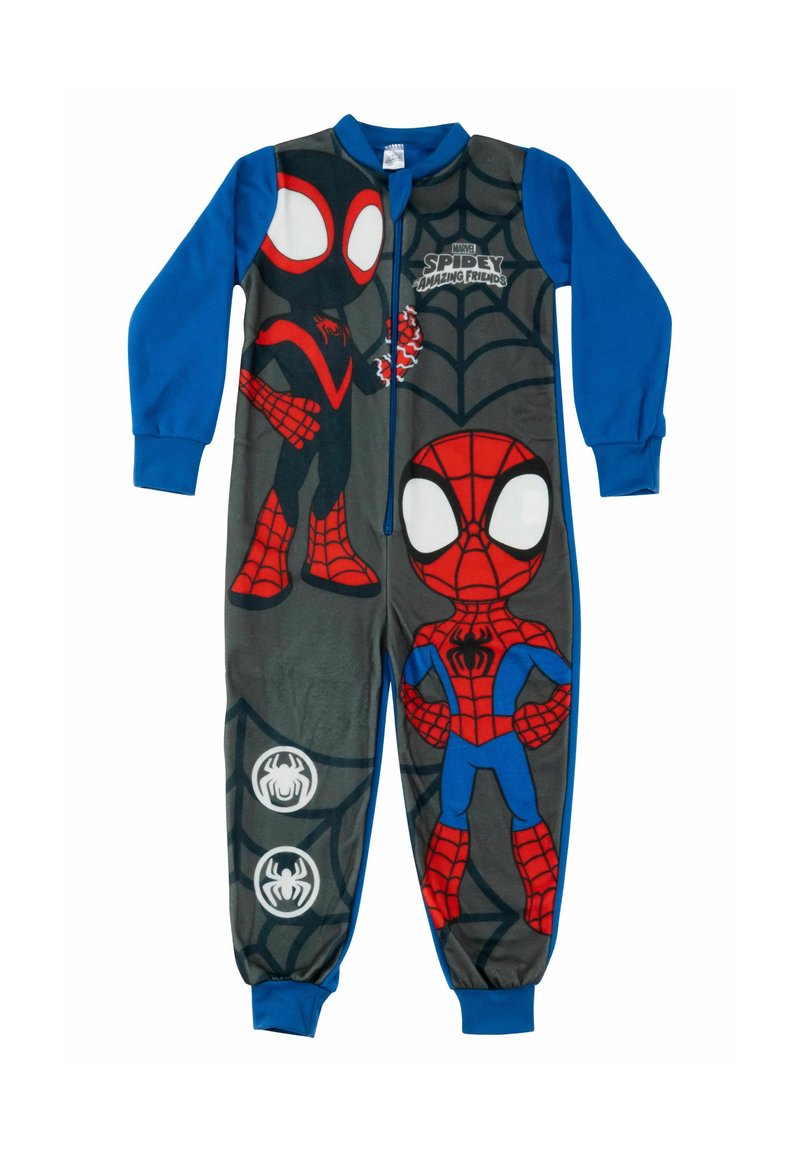 Tutina a tema Spiderman con maniche blu, corpo grigio con motivi a ragnatela e audaci grafiche rosse del personaggio. Chiusura con zip, materiale morbido.