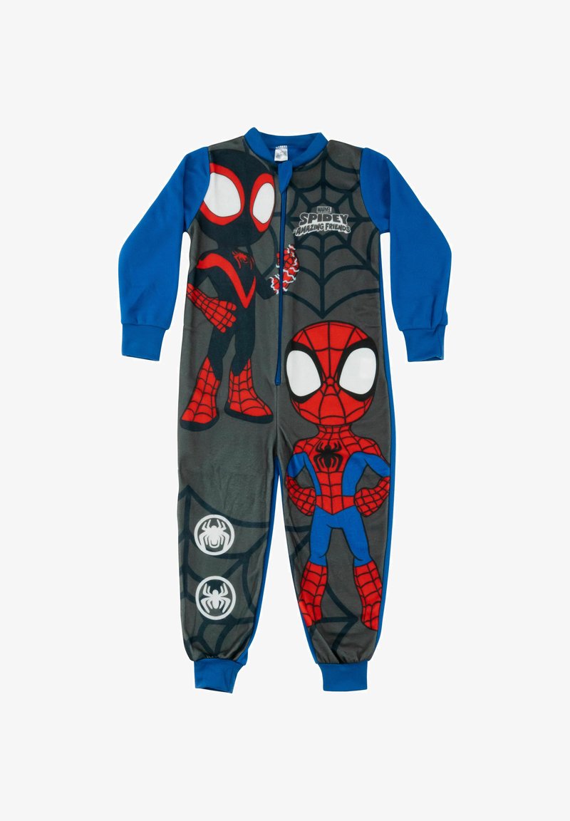 Tutina a tema Spiderman con maniche blu, corpo grigio con motivi a ragnatela e audaci grafiche rosse del personaggio. Chiusura con zip, materiale morbido.