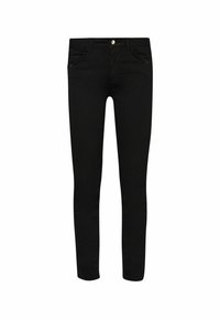 Jeans ajustados negros con bolsillos frontales y cierre de botón en la parte delantera, exhibidos sobre un fondo blanco.