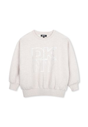 Lichtgrijze longsleeve sweater met geribbelde boorden aan mouwen en zoom, met een geperst wit DKNY-logo in het midden aan de voorkant.