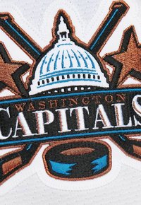 Washington Capitals logo with stylized Capitol dome, crossed hockey sticks, puck, and stars in black, blue, copper, and white embroidery.