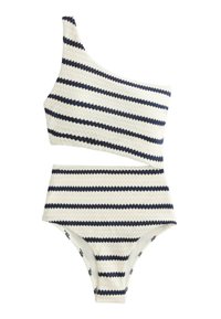 Csíkos bikini szett, amely egyvállas felsőből és magas derekú alsóból áll. A szövet texturált, tengerészkék és fehér váltakozó csíkokkal.