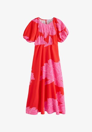 Rode midijurk met grote roze bloemmotieven, geplooide korte mouwen en een ronde halslijn met een kleine knoopsluiting aan de achterkant.