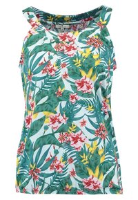 Hihaton trooppinen printtipaita, jossa on vihreitä lehtiä sekä punaisia, vaaleanpunaisia ja keltaisia kukkia vaaleansinisellä taustalla, koko pieni.