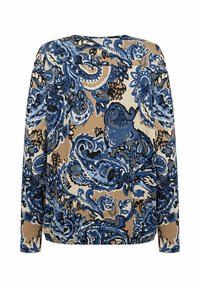 Langsleeve shirt met blauwe, zwarte en beige intricat paisley- en bloempatronen op een beige achtergrond.
