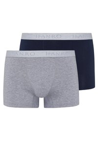 Caleçons boxers en gris et bleu marine, fabriqués en mélange de coton. Dotés d'une taille élastique douce avec le logo "HANRO". Texture lisse, design ajusté.