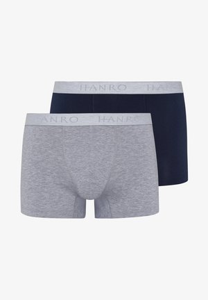 Caleçons boxers en gris et bleu marine, fabriqués en mélange de coton. Dotés d'une taille élastique douce avec le logo "HANRO". Texture lisse, design ajusté.