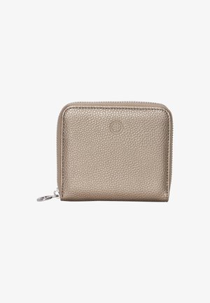 Metallic gold zippered wallet made from textured leather, featuring a circular emblem, compact rectangular design, and a silver zipper pull.