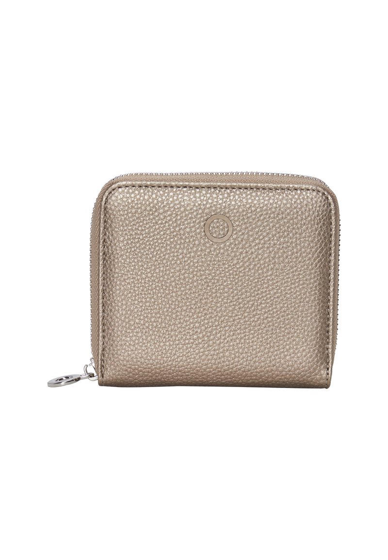 Metallic gylden lynlåswallet lavet af tekstureret læder, med et cirkulært emblem, kompakt rektangulært design og en sølv lynlåstræk.
