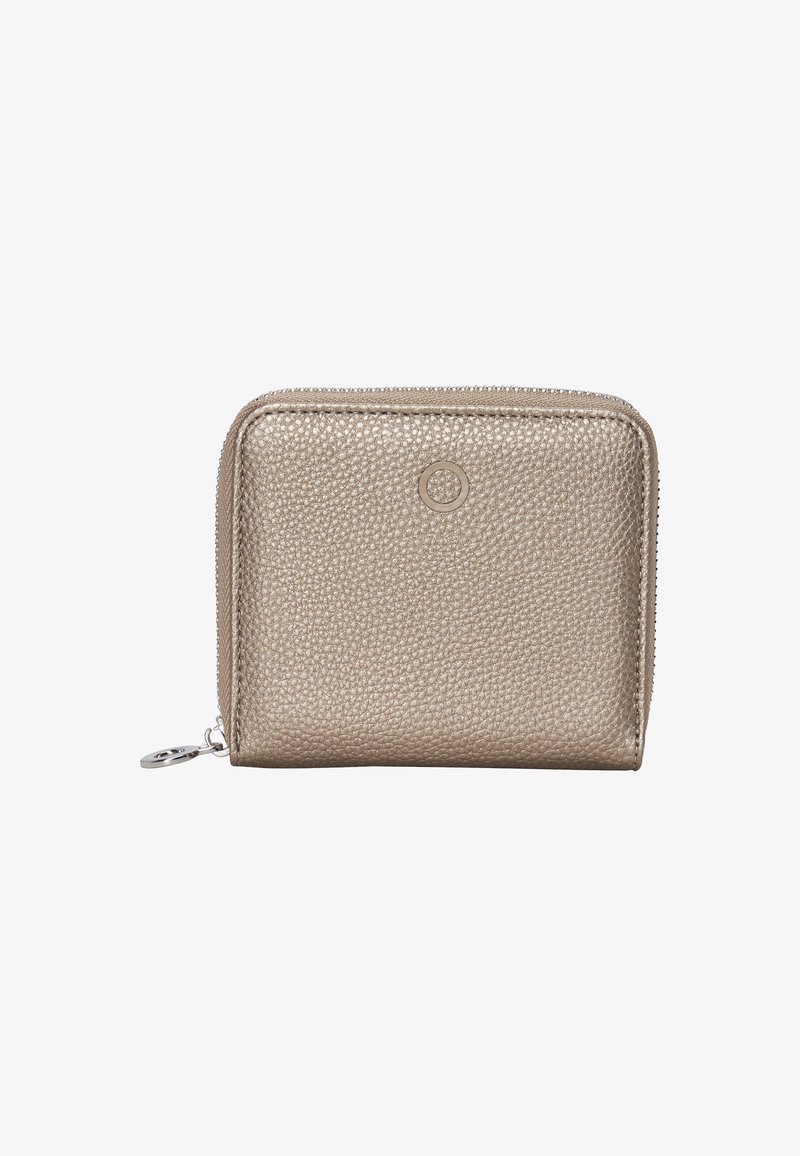 Metallic gold zippered wallet made from textured leather, featuring a circular emblem, compact rectangular design, and a silver zipper pull.