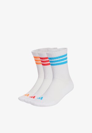 Three white crew socks with ribbed cuffs, each featuring three horizontal stripes at the top in blue, red, and orange, displayed side by side.
