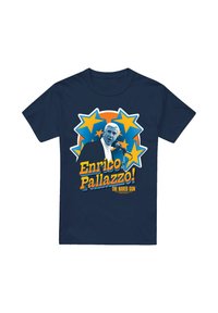 Marineblaue Baumwoll-T-Shirt mit einem grafischen Druck eines Mannes mit Mikrofon, umgeben von gelben Sternen und dem Text "Enrico Pallazzo! Die nackte Kanone."