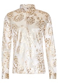 Camicia lucida con fantasia floreale in crema e oro. Presenta un colletto e maniche lunghe. Realizzata in un tessuto liscio e morbido.