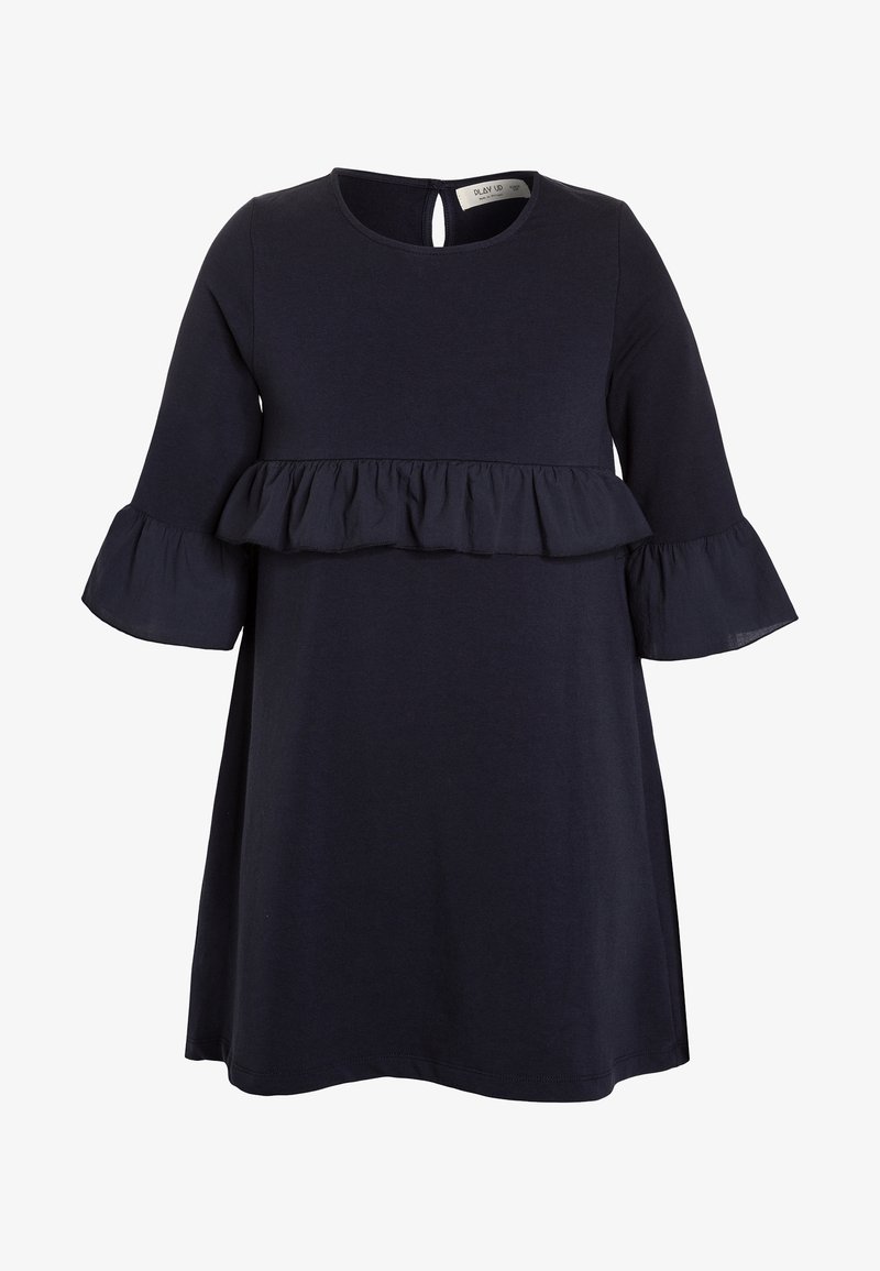 Robe bleu marine à manches longues avec détails à volants à la taille et aux manches, encolure ronde, et fermeture à bouton avec ouverture en goutte d'eau dans le dos.