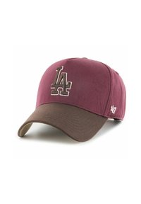 Cappellino da baseball color bordeaux con visiera marrone, con logo "LA" ricamato in beige. Tessuto morbido e design strutturato per garantire stabilità.