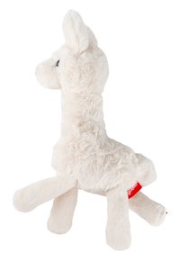 Stuffed animal llama in soft white plush fabric with a fluffy texture; features upright ears, black eyes, and a red tag on the side.