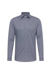 Heren overhemd met lange mouwen, knoopsluiting, in een marineblauw en witte geometrische ruitpatroon en een puntige kraag.