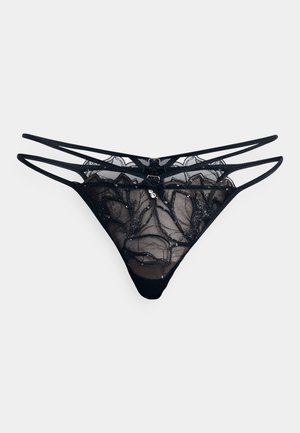 Zwarte kant string met ingewikkelde bloemembroidery en pailletten, voorzien van meerdere dunne bandjes en een doorschijnende achterkant voor extra detail.