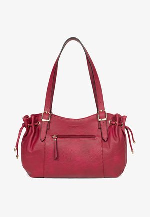 Borsa in pelle rossa con due manici corti, chiusure a cordoncino sui lati e una tasca frontale con zip. Superficie testurizzata con accenti dorati.